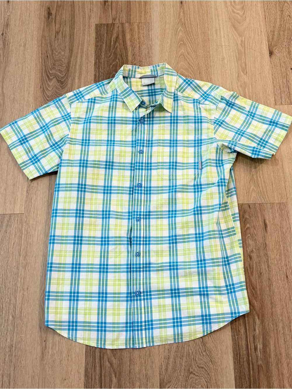 Columbia Sportswear Men's Plaid Button-Down Shirt Blue Lime Green size Large